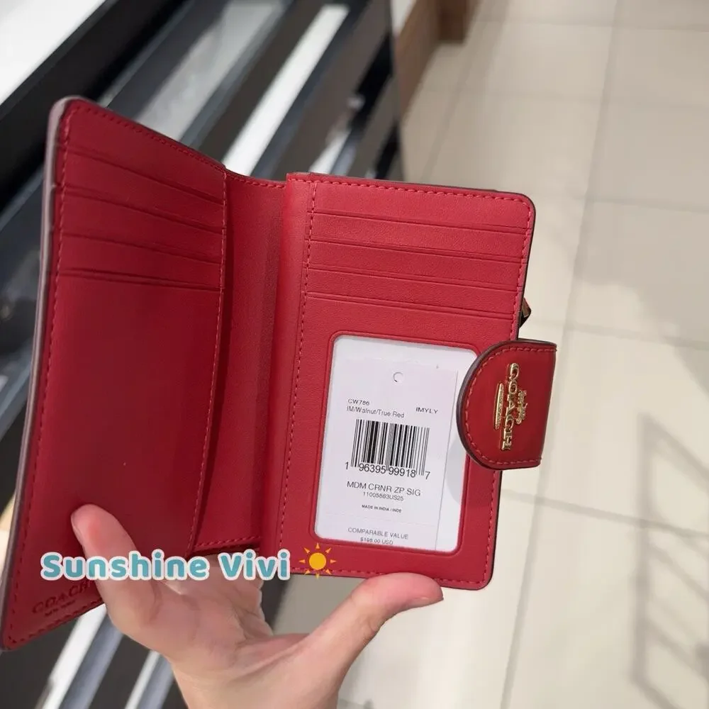 NWT Coach Medium Corner Zip Wallet in Signature Canvas CW786 Walnut/True Red